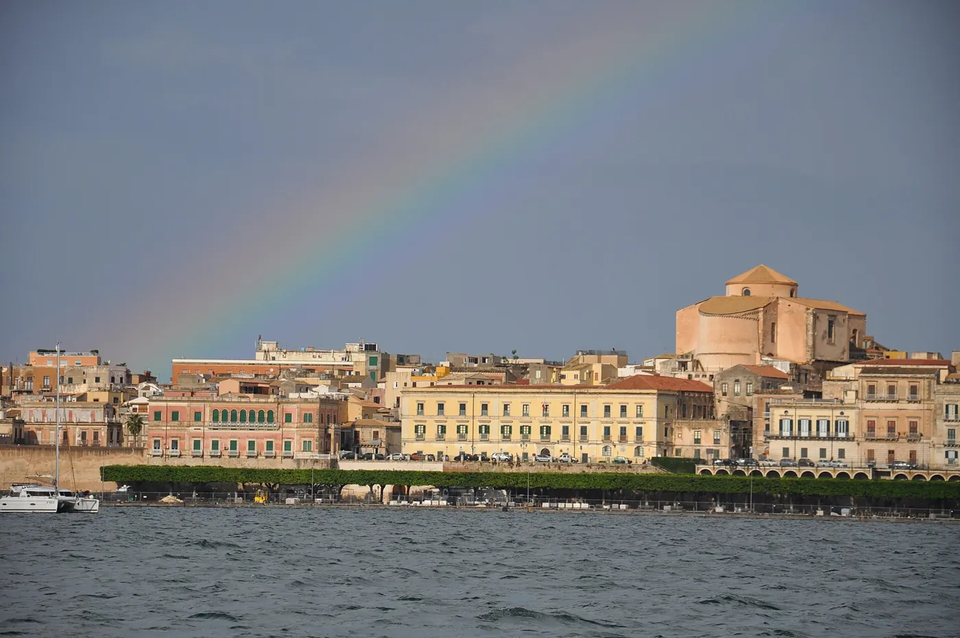 Ortigia seen from the sea, with its seafront and waterside houses