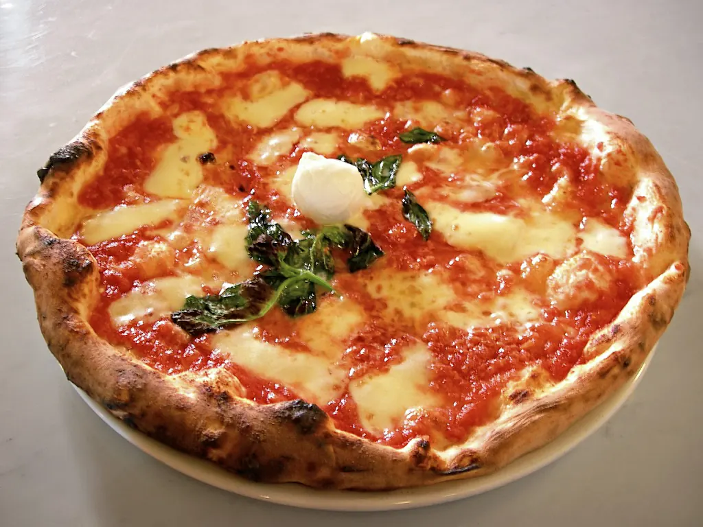 A margherita pizza: tomato, mozzarella, basil and a raised crust